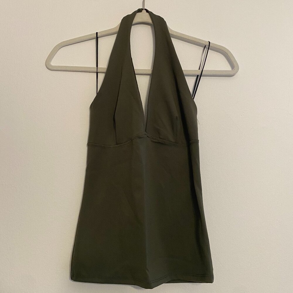 Olive Green Deep V-Neck Halter Top - Open Back - Size Small